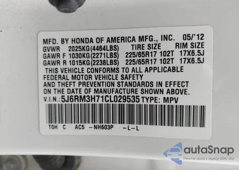 2012 Honda Cr-V Ex-L z USA, uszkodzony, nr VIN 5J6RM3H71CL029535